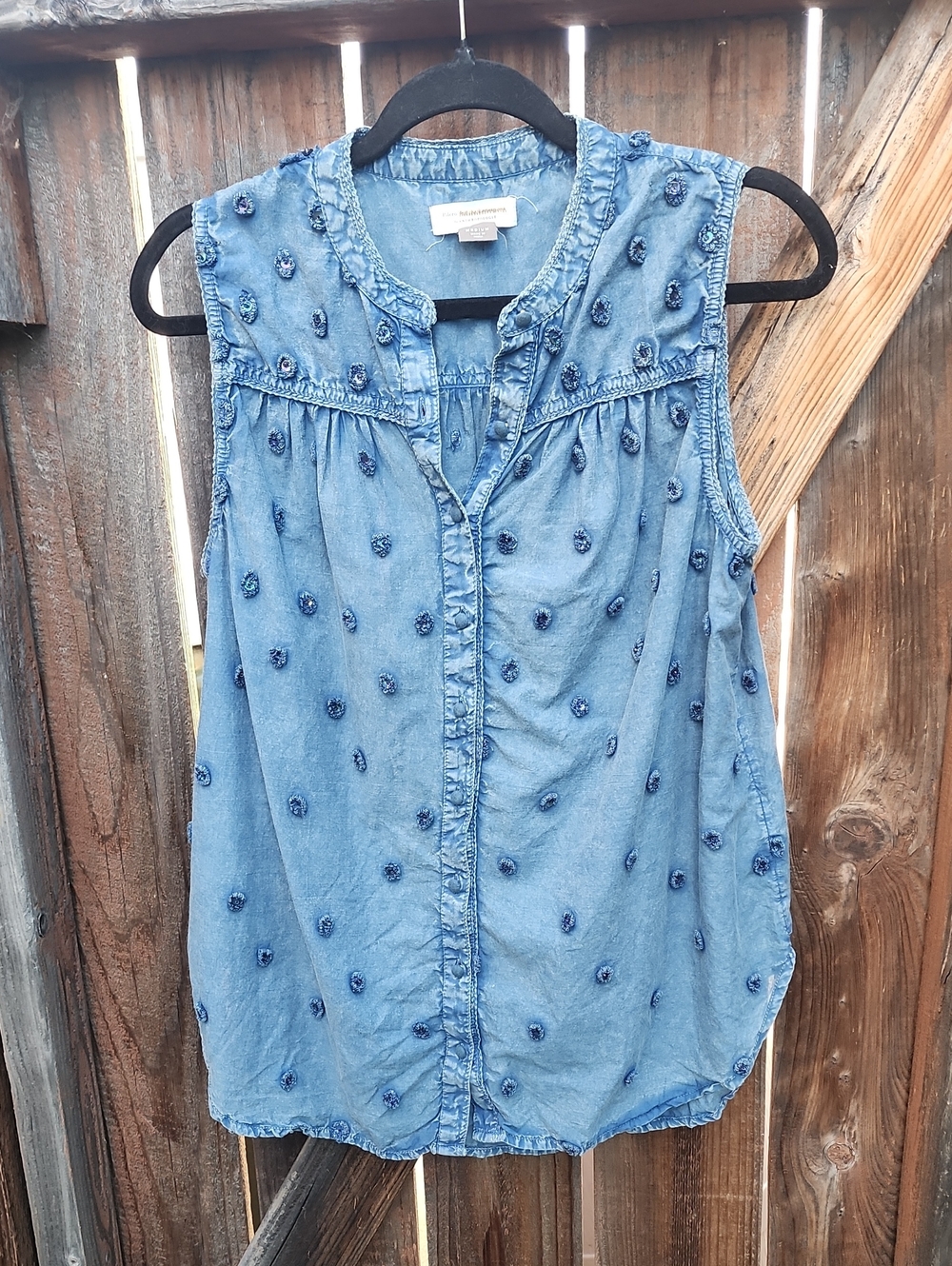 Pilcro by Anthropologie Sleeveless Embroidered Button-Front Top - Blue, Sz. M